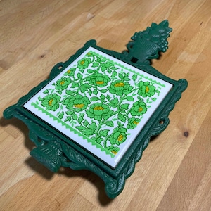 70s Mod Decorated Tile Trivet Green Cast Iron Frame - Japan - Floral