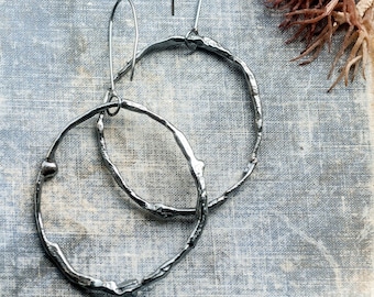 organic raw silver earrings * brutalist earrings * large sterling silver hoop earrings * oxidized handmade jewelry * sculptural earrings