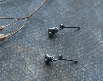 nature dainty stud earrings in oxidized sterling silver, small handmade botanical kinetic studs, poetic plant, nature lovers