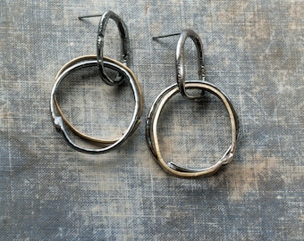 mixed metal dangle earrings * black and gold kinetic geometric earrings * unique artisan circle stud earrings * contemporay handmade jewelry