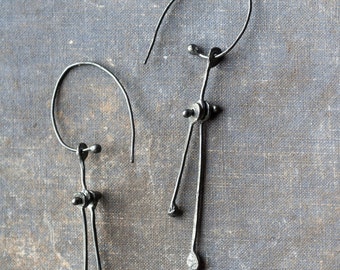 abstract earrings oxidised silver, long lightweight handmade artisan kinetic jewelry, undergrowth studio