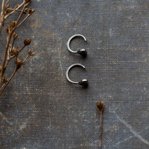 hugger earrings silver, black, sterling silver, oxidized silver, minimalist earrings, textured organic, tiny earrings, flat filed dot