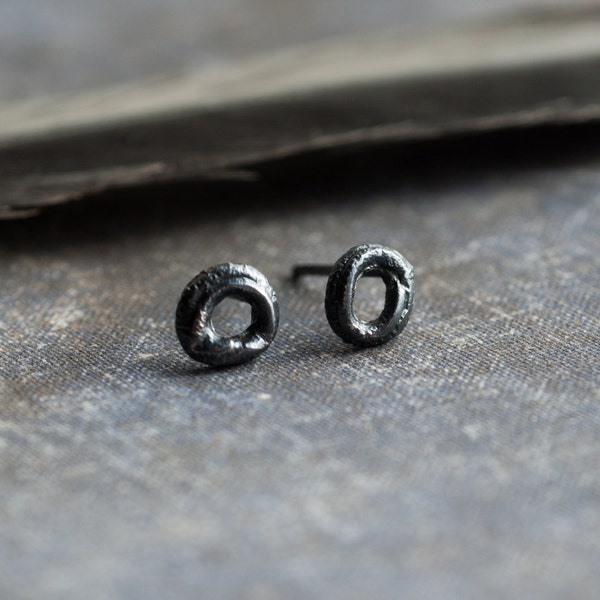 oxidized raw silver small circle stud earrings by undergrowth studio, black 925 silver tiny stud earrings