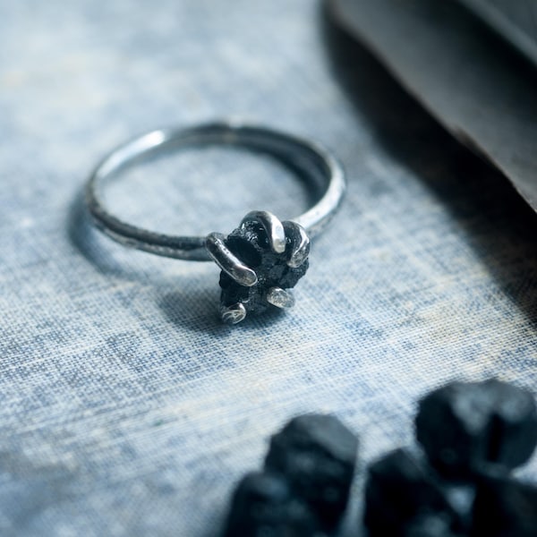 raw black tourmaline ring handmade from sterling silver, oxidized edgy minimalist artisan gemstone jewelry
