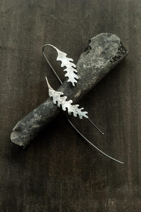 nature earrings oxidised sterling silver, sculptural handcrafted art jewelry, oxidized jewellery