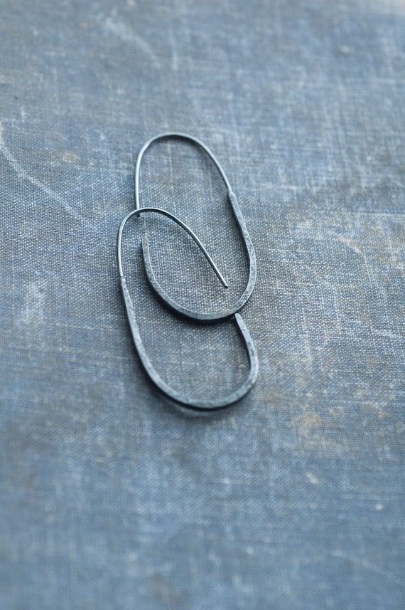 oxidised silver earrings, oval open hoops, minimalist contemporary jewelry, handmade textured geometric
