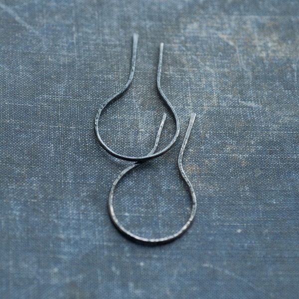 oxidized silver geometric hoop earrings, edgy tribal handmade jewelry,  raw silver minimalist threader earrings