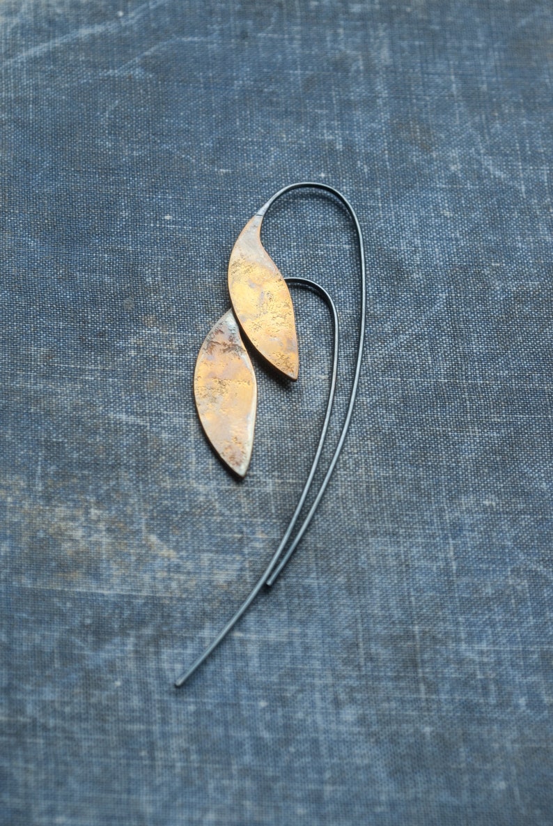 unique plant threader leaf earrings, gift for her, statement artisan botanical jewelry in mixed metal handmade by undergrowth studio image 6