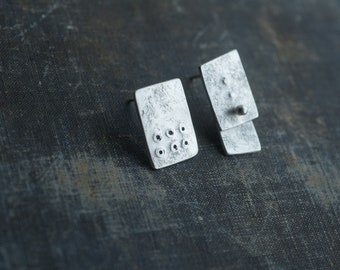 mismatched earrings, sterling silver, rectangle earrings, assymetrical earrings, textured silver stud earrings