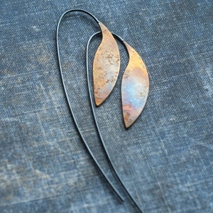 unique plant threader leaf earrings, gift for her, statement artisan botanical jewelry in mixed metal handmade by undergrowth studio oxidized brass