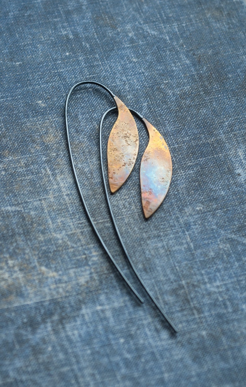 unique plant threader leaf earrings, gift for her, statement artisan botanical jewelry in mixed metal handmade by undergrowth studio oxidized brass