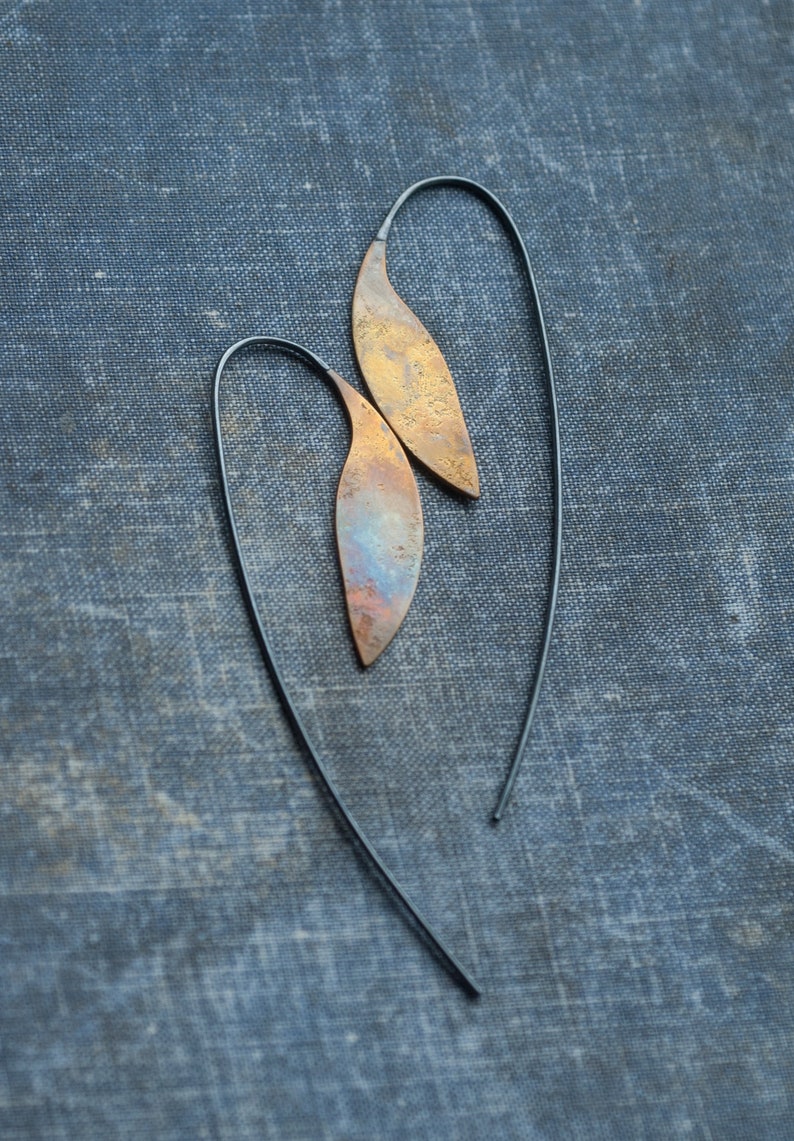 unique plant threader leaf earrings, gift for her, statement artisan botanical jewelry in mixed metal handmade by undergrowth studio image 3
