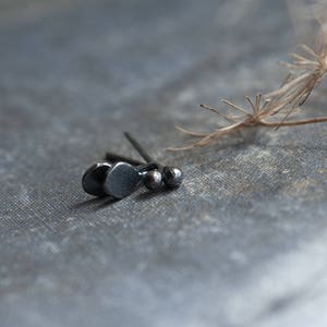 kleine oorbellen, zilveren oorbellen, plantenoorbellen, oorstekers, zwarte oorbellen, geoxideerd sterlingzilver, knopoorbellen, kreupelhoutstudio
