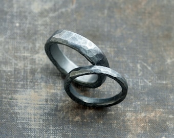 wedding band set his and hers unique, personalized his and hers rings,  hammered sterling silver chunky wedding bands, undergrowth studio