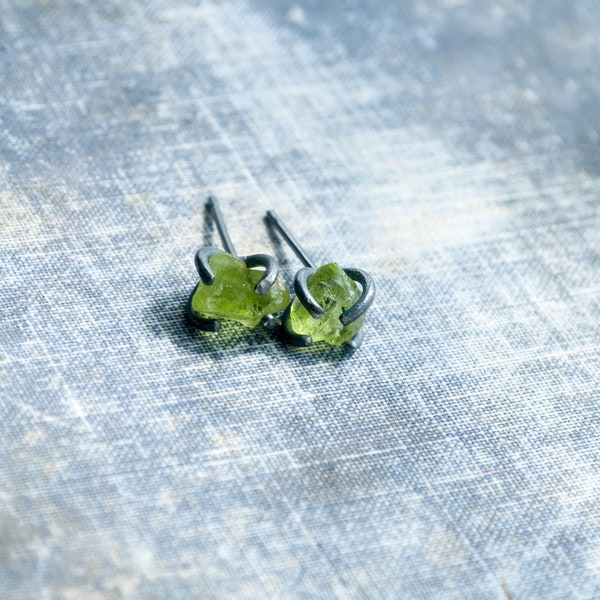 raw peridot stud earrings * unique raw stone jewelry * oxidized sterling silver * green earrings * undergrowth studio
