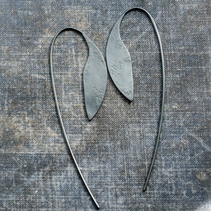 unique plant threader leaf earrings, gift for her, statement artisan botanical jewelry in mixed metal handmade by undergrowth studio oxidized silver