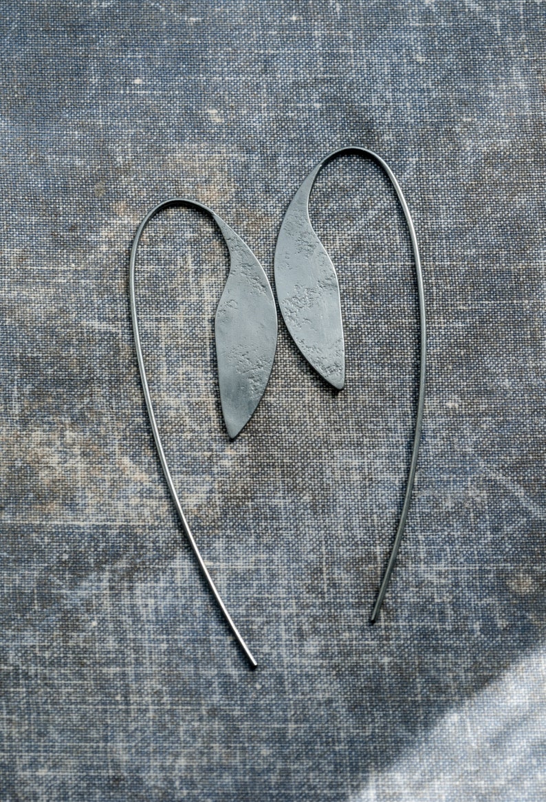 unique plant threader leaf earrings, gift for her, statement artisan botanical jewelry in mixed metal handmade by undergrowth studio oxidized silver