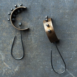 brutalist earrings oxidized, contemporary brutalist jewelry, unique modernist mixed metal kinetic riveted jewellery, undergrowth studio image 2