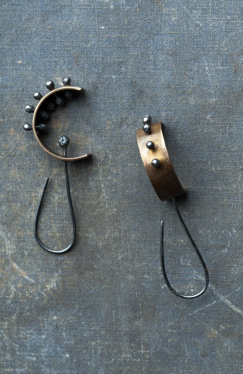 brutalist earrings oxidized, contemporary brutalist jewelry, unique modernist mixed metal kinetic riveted jewellery, undergrowth studio image 2