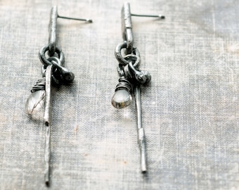 oxidized raw silver gemstone earrings * unique artisan stud earrings * contemporary handmade jewelry * undergrowth studio