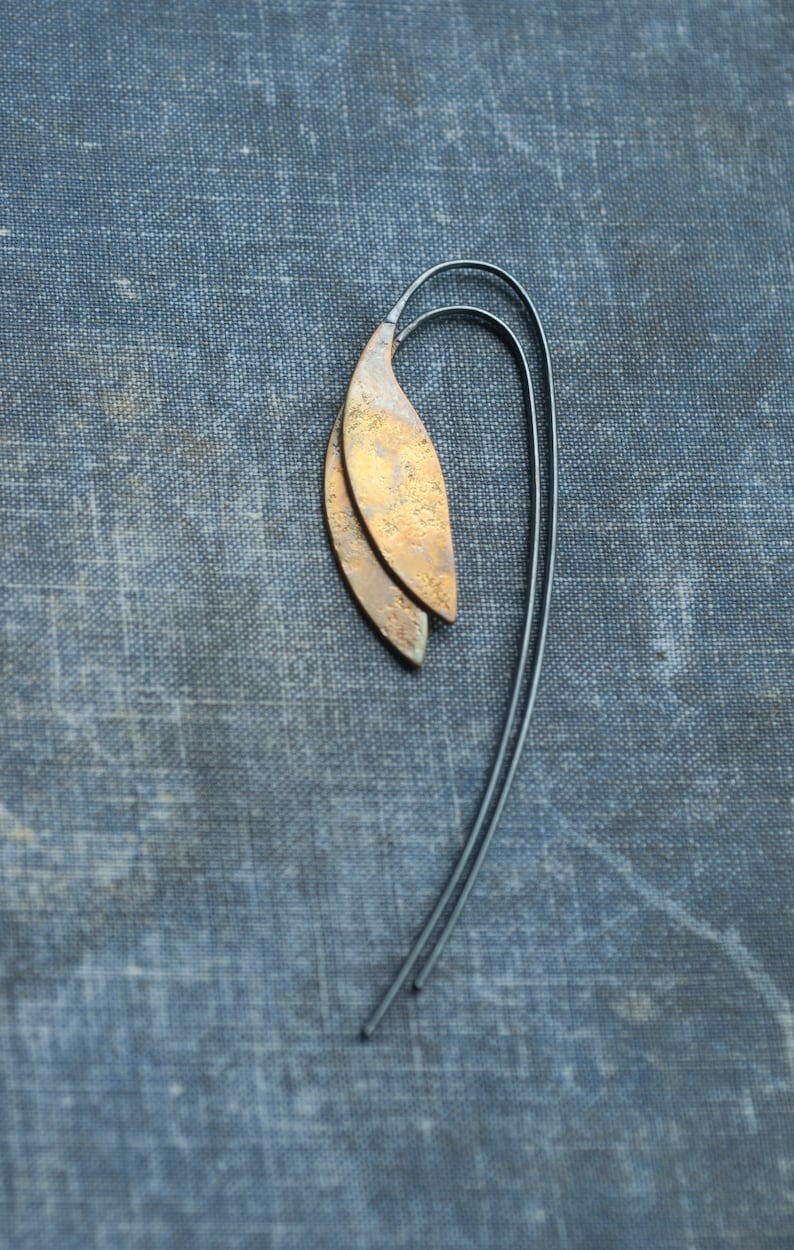 unique plant threader leaf earrings, gift for her, statement artisan botanical jewelry in mixed metal handmade by undergrowth studio image 5