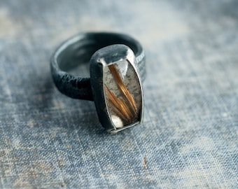 oxidized silver rutile quartz ring * sterling silver gemstone ring * unique artisan ring * raw silver * undergrowth studio