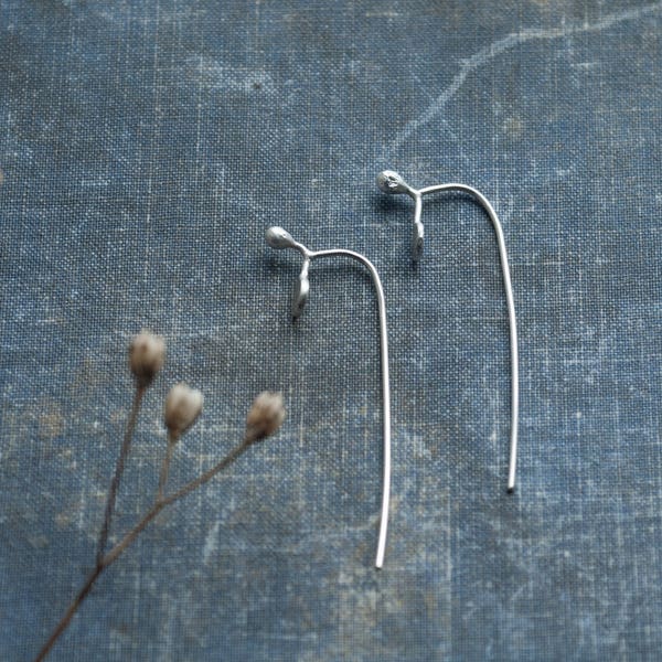 simple sterling silver plant threader earrings, 925 silver nature jewelry, unique handmade jewellery, undergrowth studio