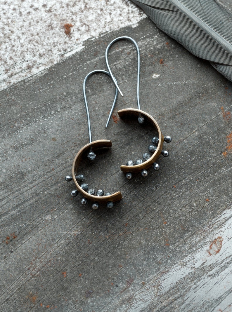 brutalist earrings oxidized, contemporary brutalist jewelry, unique modernist mixed metal kinetic riveted jewellery, undergrowth studio image 4
