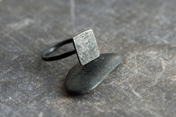 oxidized silver geometric ring * minimalist textured rectangle, simple everyday wear handmade jewelry