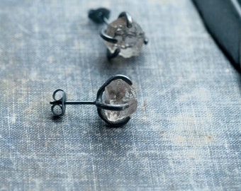 smoky quartz earrings * raw stone stud earrings  * handmade jewelry * oxidized silver * raw crystal earrings * undergrowth studio