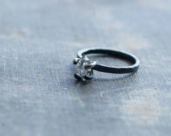 herkimer diamond ring, raw sterling silver ring, oxidized silver, prong set crystal ring, landscape inspired, alternative engagement ring