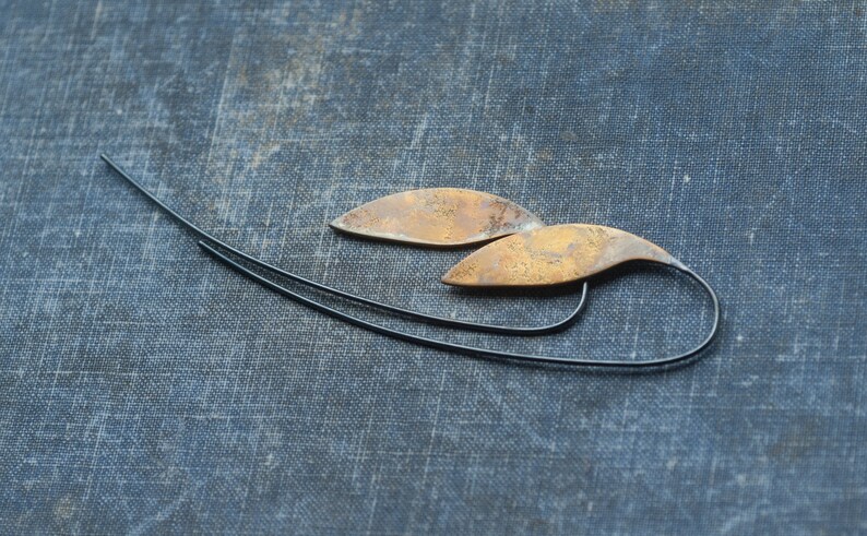 unique plant threader leaf earrings, gift for her, statement artisan botanical jewelry in mixed metal handmade by undergrowth studio image 7