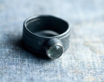 natural aquamarine ring * artisan gemstone ring * raw silver  * textured silver ring * oxidzed silver * undergrowth studio