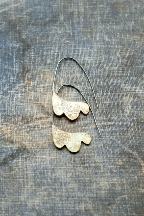 botanical earrings mixed metal : contemporary open hoops, organic abstract handmade jewelry