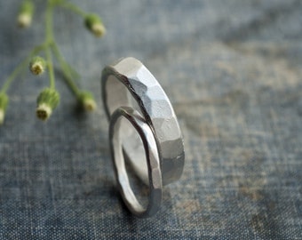 unique couple rings 925 sterling silver, modern rustic wedding bands, handcrafted band set