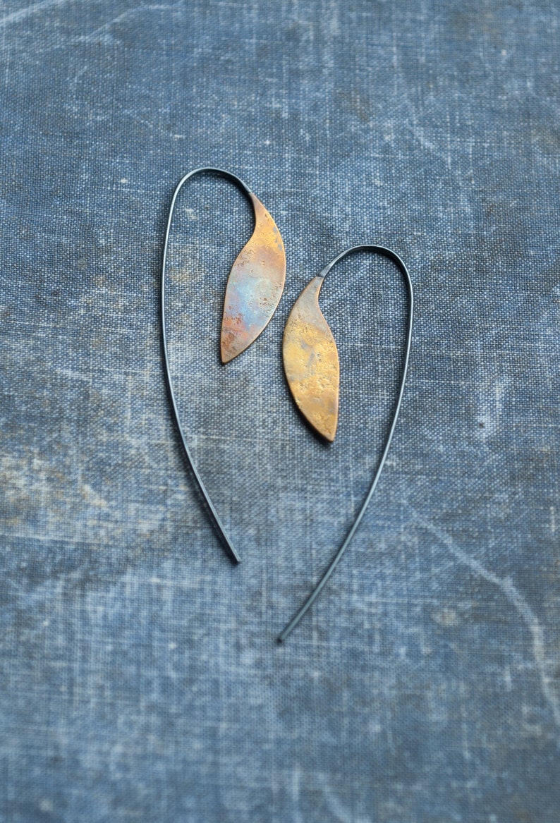 unique plant threader leaf earrings, gift for her, statement artisan botanical jewelry in mixed metal handmade by undergrowth studio image 4