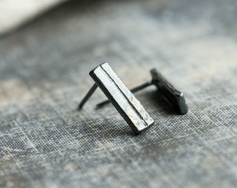 mens earrings oxidized, hammered silver, simple textured artisan jewelry, gift for him