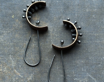 brutalist earrings oxidized, contemporary brutalist jewelry, unique modernist mixed metal kinetic riveted jewellery, undergrowth studio