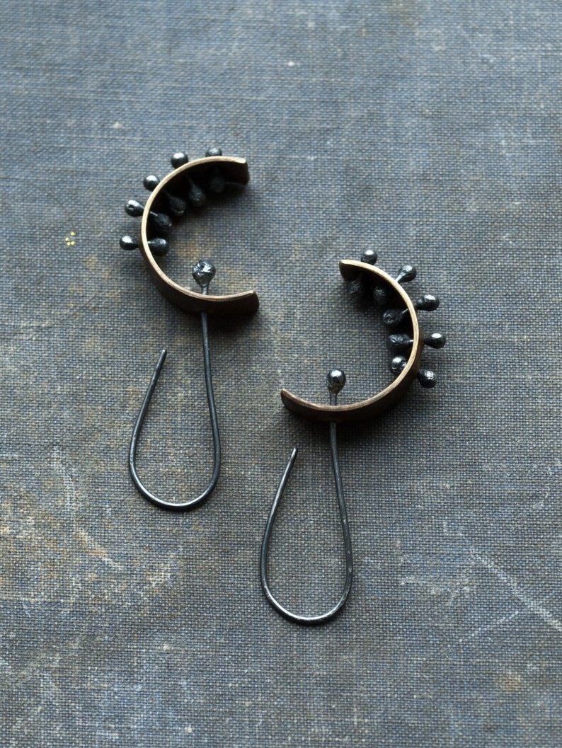 brutalist earrings oxidized, contemporary brutalist jewelry, unique modernist mixed metal kinetic riveted jewellery, undergrowth studio image 1