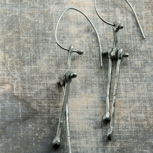 abstract riveted raw silver earrings * chunky long oxidized kinetic earrings * unique artisan jewellery * Undergrowth Studio