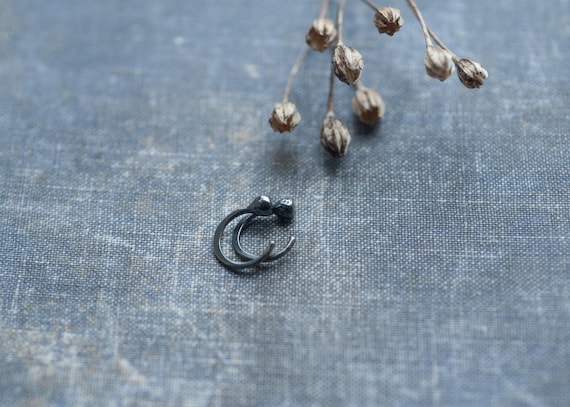 ear huggers, sterling silver huggie hoop earrings, tiny filed dot, oxidized jewelry