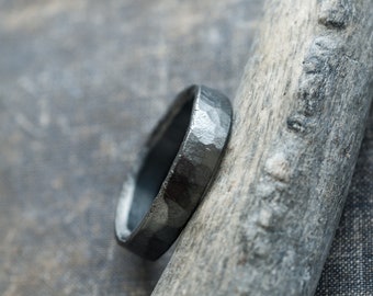 chunky hammered raw silver mens ring, edgy personalized mens jewelry, oxidized sterling silver, unique mens wedding band, gift for him
