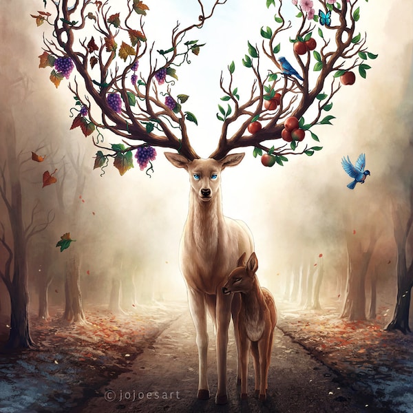 Seasons Change - Signed Art Print - Fantasy Deer Painting - Spring Summer Fall Winter - by Jonas Jödicke