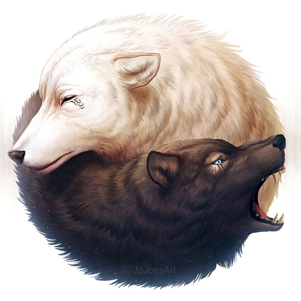 Yin and Yang - Signed Fine Art Giclee Print - Wall Decor - Fantasy Wolf Painting by Jonas Jödicke