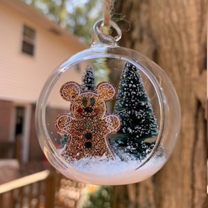 Mickey or Minnie Inspired Gingerbread Ornament Glass Globe Ornament Snow