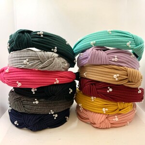Ribbed Top Knot Headband With Mickey Mouse Head Pearls