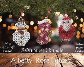 DIY Beaded Christmas Ornament Pattern BUNDLE, Beading Pattern Xmas Tutorial, Bicone right angle weave Bead Patterns RAW Beaded Gift Idea