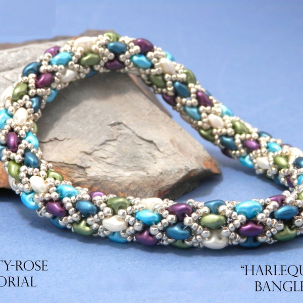 Tutorial for Harlequin Bracelet Bangle made with SuperDuo beads Instant Download PDF Beading Pattern