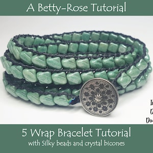 May include: A green 5-wrap bracelet tutorial with silky beads and crystal bicones. The bracelet has a silver button closure and is shown on a white background. Instant digital download.