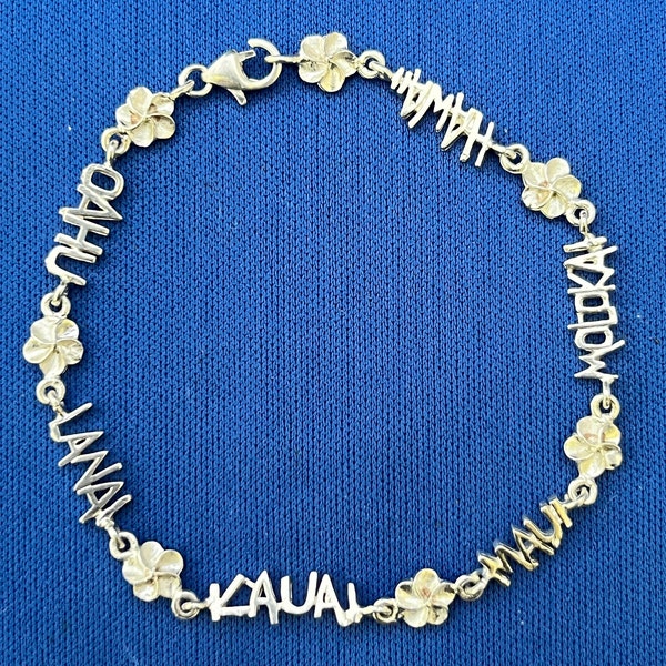 Sterling Hawaiian Island Names Souvenir Fashion Chain Link Bracelet